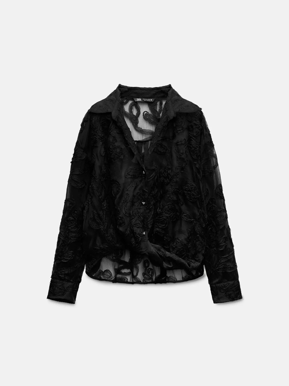 Zara Structured Semi-Sheer Black Floral Appliqué Button-Up Blouse